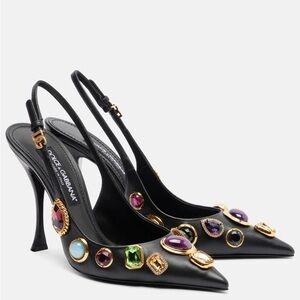 Dolce & Gabbana 105mm black slingback pumps adorned with multicolored jewels